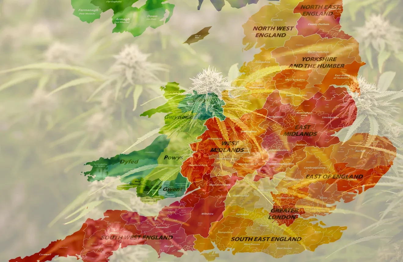 Map of UK with weed strains in the background