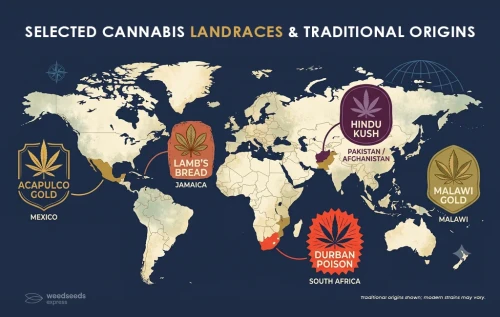 Eine Weltkarte, die die traditionellen geografischen Ursprünge von Cannabis-Landrassen-Sorten zeigt, darunter Acapulco Gold, Hindu Kush, Durban Poison, Malawi Gold und Lamb's Bread.
