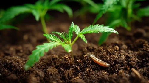 Cannabis plant growing with living soil