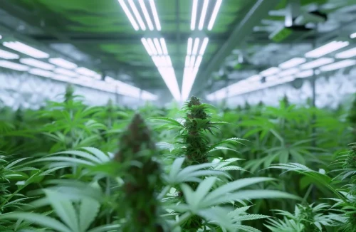 Ein professioneller, hochmoderner Indoor-Cannabis-Growraum mit üppigen Pflanzen unter fortschrittlicher LED-Beleuchtung, der optimierte Umweltbedingungen für Potenz symbolisiert.