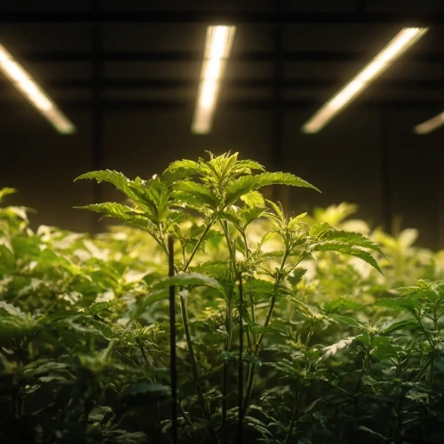 Small cannabis plant growing under light