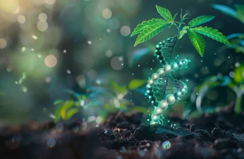 Eine konzeptionelle Illustration mit einer jungen Cannabispflanze, die sich mit einer leuchtenden DNA-Strang windet und die Bedeutung der Genetik für das THC-Potenzial darstellt
