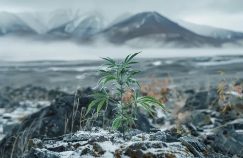 A small, wild Cannabis ruderalis plant growing in a rocky, cold Siberian landscape with a dusting of snow.