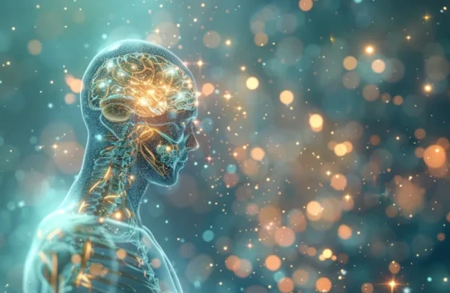 A 3D medical illustration of a transparent human figure showing the nervous system lighting up with golden energy points, representing the endocannabinoid system receptors (CB1 and CB2) reacting to treatment.