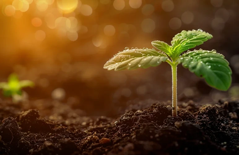 A young cannabis seedling with its first two round leaves (cotyledons) and a tiny set of jagged leaves, emerging from moist soil under a soft light.