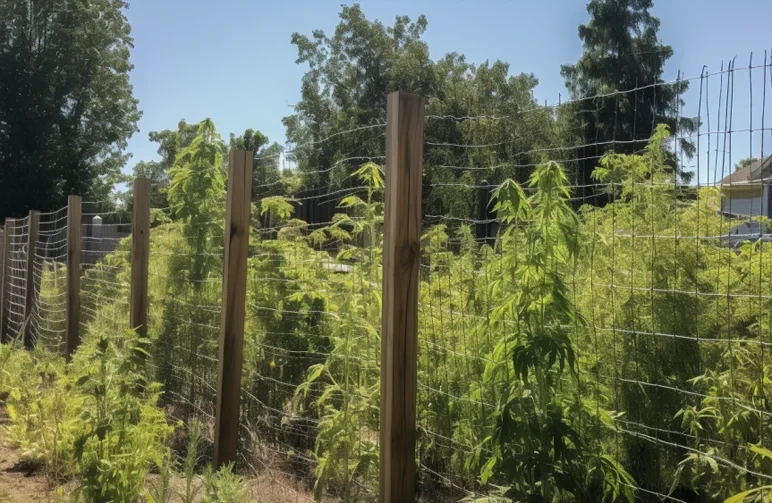A tall wire-mesh fence with wooden posts surrounding an outdoor cannabis garden to protect plants from large wildlife.