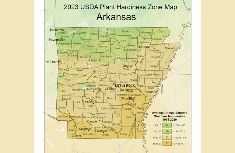 Official 2023 USDA Plant Hardiness Zone Map for Arkansas showing climate zones 7a through 8b across the state.