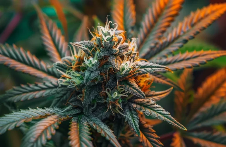 Macro photography of a mature autoflower cannabis cola featuring vibrant orange and purple sugar leaves, covered in white trichomes, representing a high-yield harvest.
