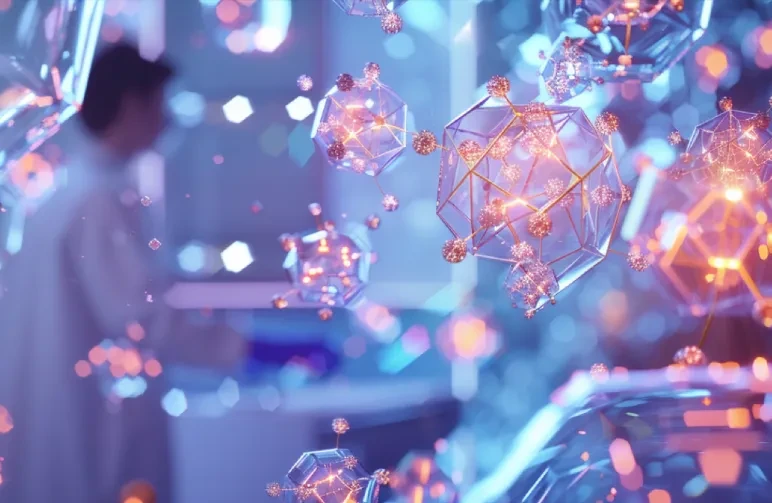 A futuristic laboratory close-up focusing on molecular research, showing distinct glowing molecular structures labeled abstractly, representing CBG, CBN, and THCV, floating above a petri dish in a high-tech environment.