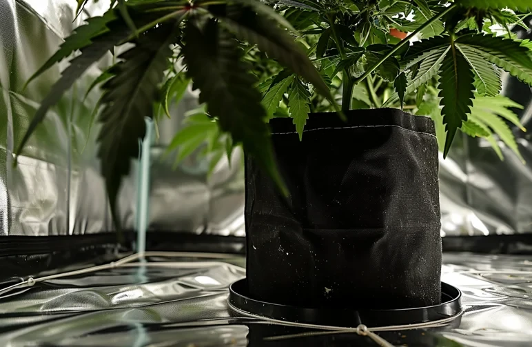 A healthy cannabis plant growing in a black fabric pot sitting on a raised drainage saucer, illustrating proper root zone management and airflow.