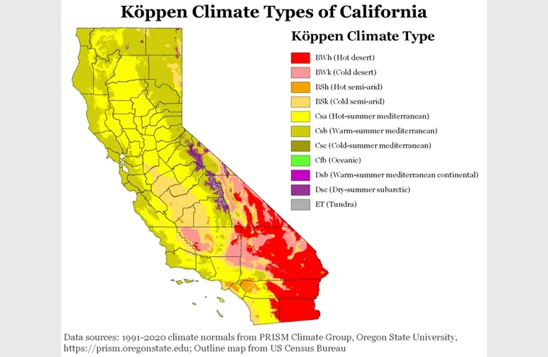 A detailed Köppen Climate Types map of California showing various climate zones including desert, semi-arid, and Mediterranean types by county.