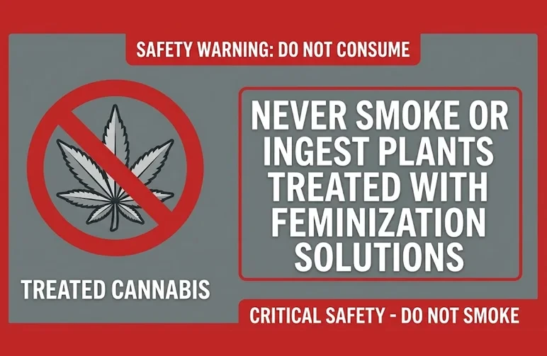 Un panneau d’avertissement de sécurité rouge et gris avec un symbole d’interdiction sur une feuille de cannabis, indiquant « Ne fumez et n’ingérez jamais des plantes traitées avec des solutions de féminisation. »