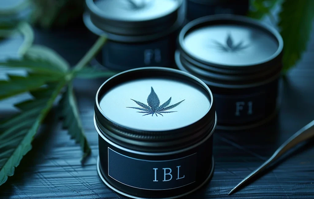 Boîtes professionnelles de graines de cannabis noir mat étiquetées IBL et F1 sur un bureau en bois sombre, avec une feuille de cannabis et des outils de cultivateur.