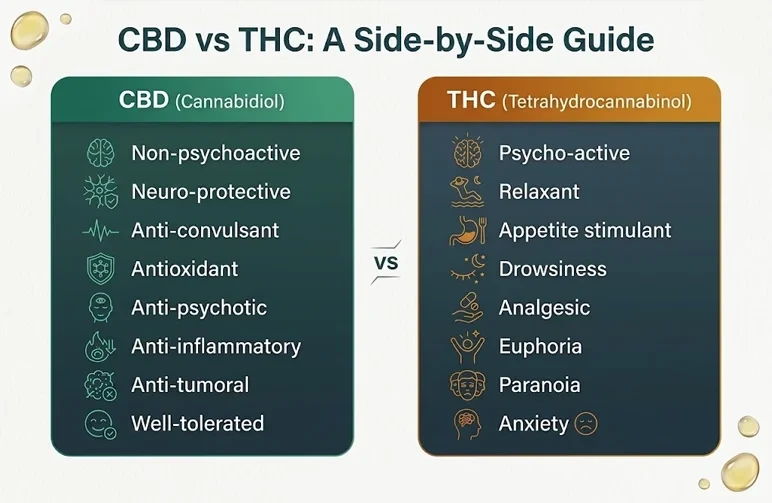 Eine Infografik mit dem Titel „CBD vs. THC: Ein direkter Vergleich“, die die medizinischen Vorteile von CBD, wie entzündungshemmende und neuroprotektive Eigenschaften, mit THC-Effekten wie Euphorie, Schmerzlinderung und Appetitanregung vergleicht.