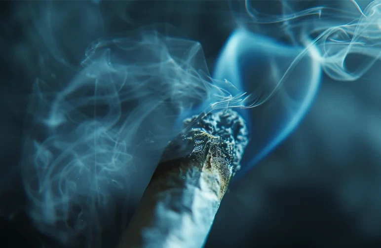 Een close-up van een brandende joint met schone, zachte grijze as, wat duidt op een geslaagde spoeling.