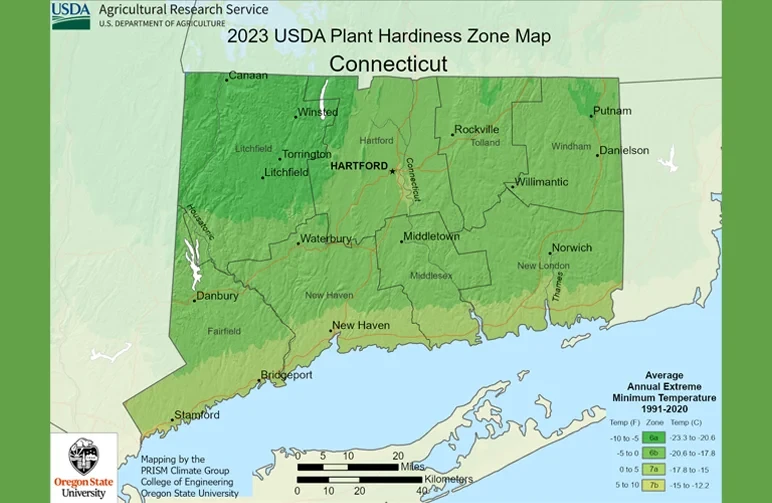 Official 2023 USDA Plant Hardiness Zone Map for Connecticut showing climate zones 6a through 7b to help cannabis growers determine frost dates and humidity levels.