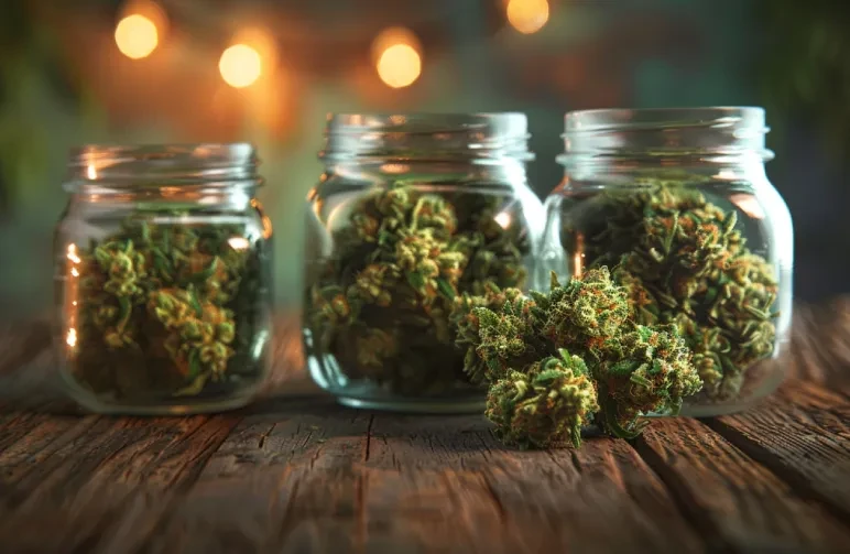 Meerdere glazen weckpotten gevuld met getrimde, gedroogde cannabis-toppen die op een houten tafel staan, ter illustratie van het cureproces.