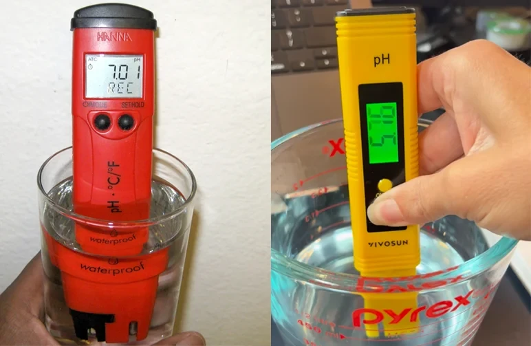 A side-by-side comparison of digital pH pens in use: on the left, a red Hanna meter testing clear water, and on the right, a yellow Vivosun pen measuring water in a glass measuring cup.