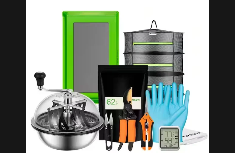 A comprehensive cannabis harvest equipment kit featuring pruning shears, nitrile gloves, a digital hygrometer, a multi-tier drying rack, and humidity control packs on a white background.