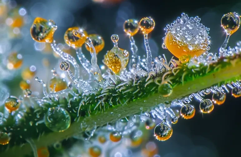 An extreme microscopic close-up of cannabis resin glands (trichomes), showing a mixture of milky white and amber heads, indicating peak THC potency and harvest readiness.