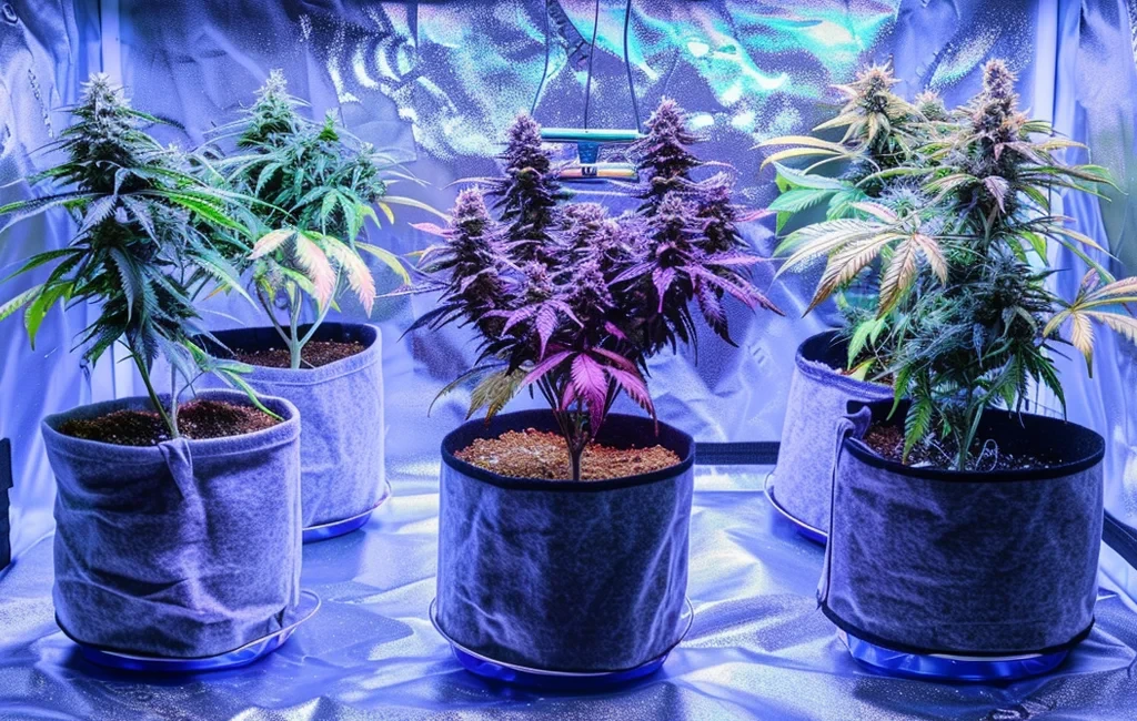 Un groupe de cinq plants de cannabis en pots en tissu montrant des couleurs et des structures de croissance diverses, illustrant la variation génétique F2 et la chasse aux phénotypes.