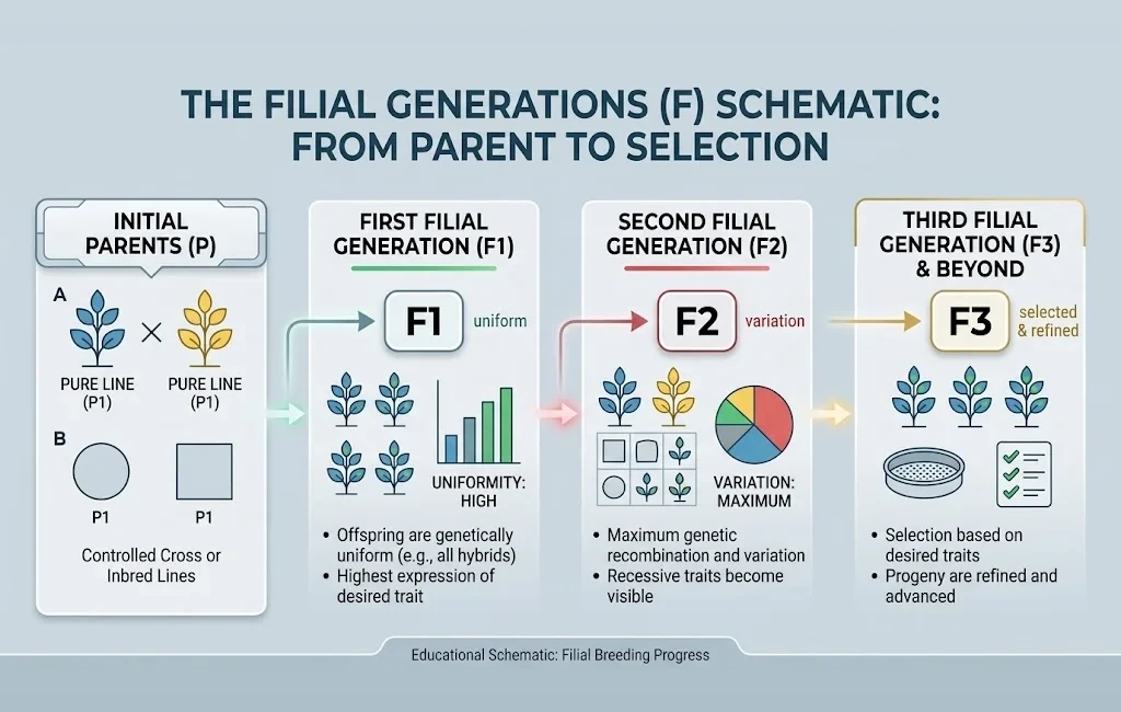 Une infographie détaillée expliquant le processus de sélection du cannabis, des parents initiaux aux hybrides F1 uniformes, à la variation maximale en F2 et à la sélection en F3.