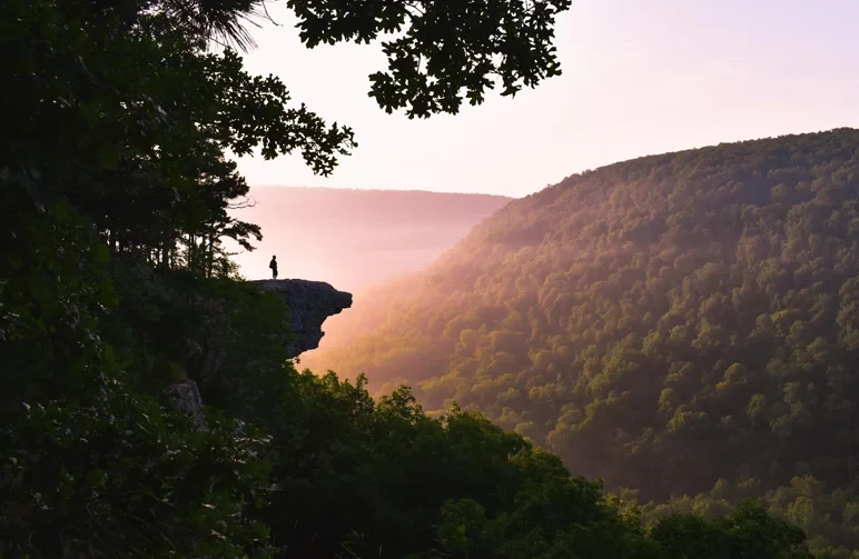 A silhouetted person standing on Hawksbill Crag overlooking a misty, sun-drenched valley in the Arkansas Ozark mountains during a humid summer morning.