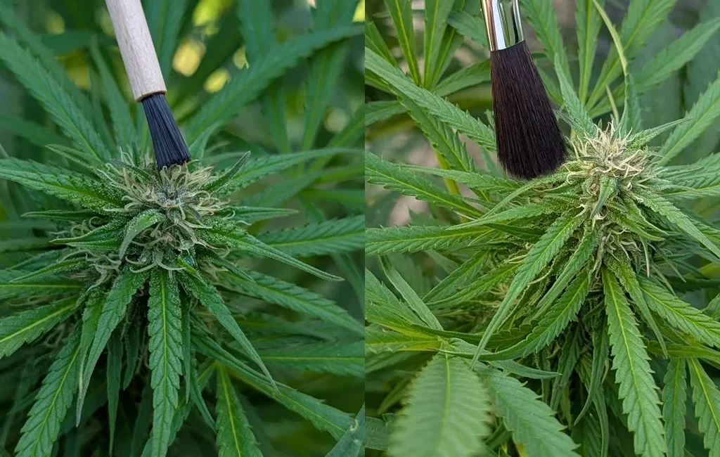 Ein Nahaufnahme-Side-by-Side-Vergleich, der zeigt, wie ein kleiner und ein mittelgroßer Pinsel verwendet werden, um Pollen auf die weißen Pistillen einer blühenden Cannabispflanze für selektive Zucht aufzutragen.