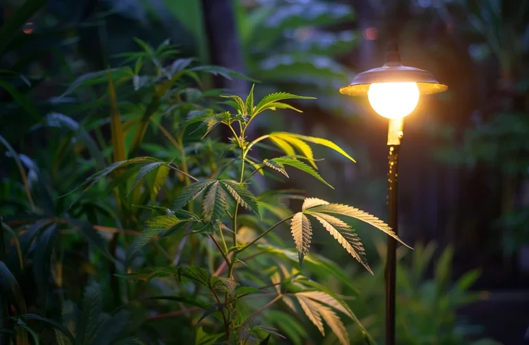A healthy green cannabis plant in a tropical Hawaiian garden at night, illuminated by a warm outdoor garden light to prevent early flowering due to the 12/12 light cycle.