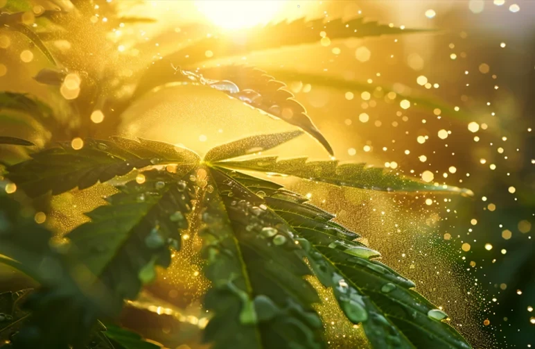 Macro photography of a vibrant green cannabis leaf being misted with sparkling water droplets during a golden Hawaiian sunrise to wash away volcanic vog.