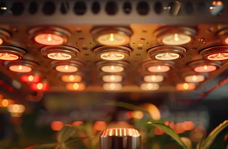 A close-up detailed shot of a modern LED grow light board showing individual diodes and a dimmer knob, representing control and technology.