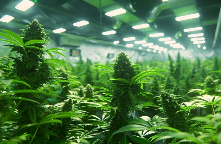 A wide shot of a professional indoor cannabis grow tent featuring a dense canopy of Gorilla Glue #4 plants growing through a ScrOG net under bright full-spectrum LED lights