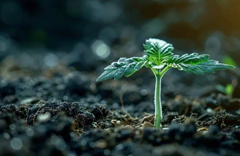 A macro view of a healthy cannabis seed cracking open with a strong white taproot emerging into rich dark soil.