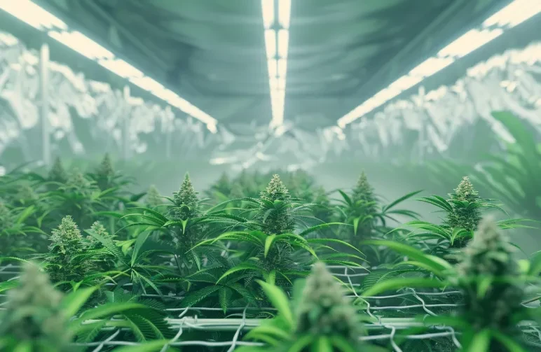 A wide-angle view of an indoor cannabis grow room featuring a Screen of Green (ScrOG) setup with a trellis net, showing a perfectly even canopy of frosty, resinous buds under purple-tinged LED grow lights.