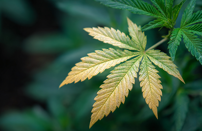A single lower fan leaf on a cannabis plant that is uniformly pale yellow, a clear sign of nitrogen deficiency.