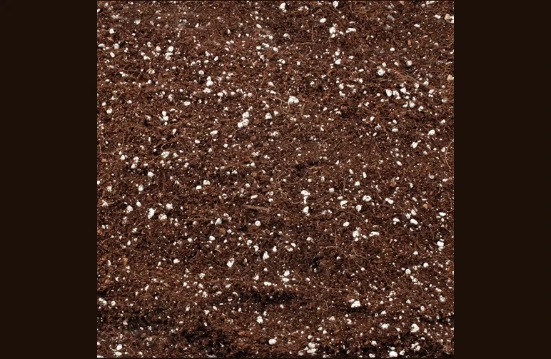 A close-up texture shot of a professional growing medium blend featuring brown coconut coir and white perlite for maximum root aeration and drainage.