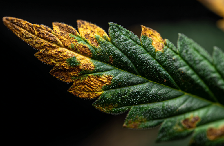 Close-up macro photo of a cannabis leaf tip with nutrient burn, showing crispy yellow and brown edges against a dark green leaf.