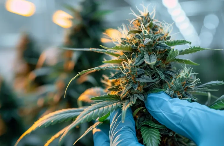 Ein Grower mit Handschuhen inspiziert sanft eine große, frostige Autoflower-Bud, das Ergebnis eines stressfreien Grows.