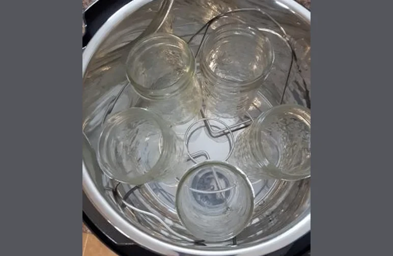 A top-down view of five empty glass mason jars sitting on a stainless steel wire trivet inside an Instant Pot, ready for the infusion process.
