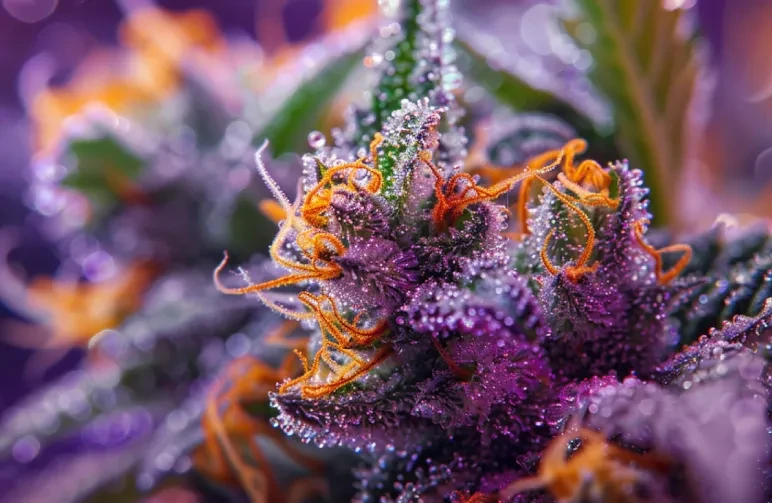 An extreme close-up macro photograph of a Runtz cannabis bud showing deep purple and lime green colors, covered in cloudy and amber trichomes with orange pistils.