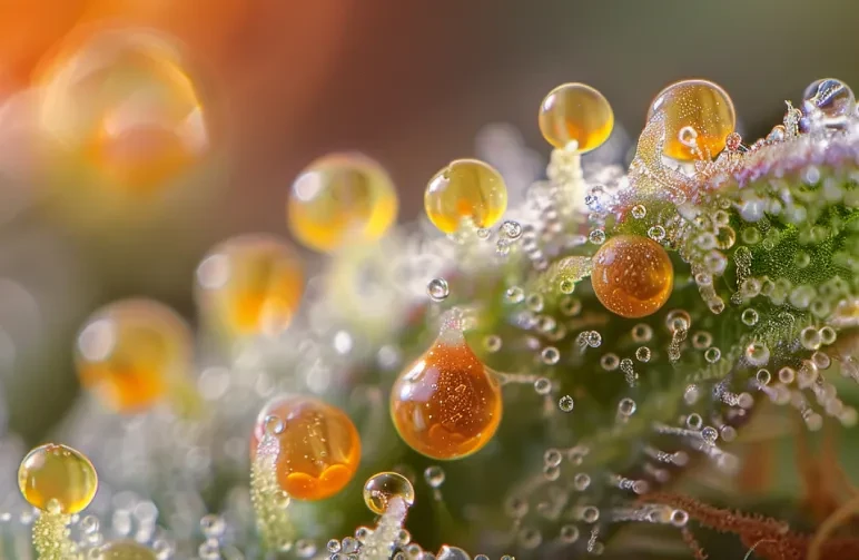 Gros plan macro extrême de trichomes de cannabis ambrés sur une tête en floraison, montrant des glandes de résine collantes où les terpènes sont produits.