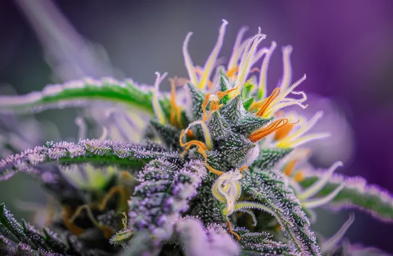 Extreem close-up macrofoto van een cannabis-top met glinsterende melkachtige en amberkleurige trichomen, levendig groene kelken en oranje stampers.