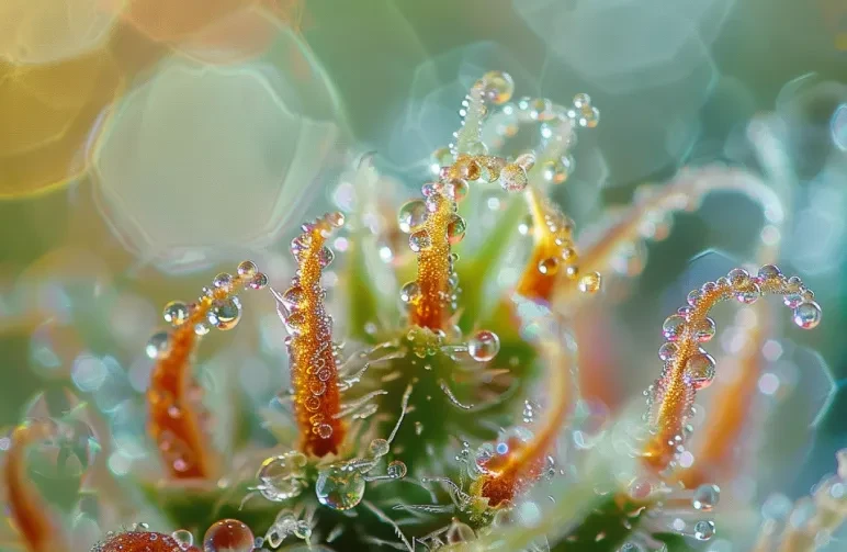 Extreme close-up of cannabis flower trichomes showing a mix of cloudy and amber resin glands, indicating peak THC maturity and harvest readiness.