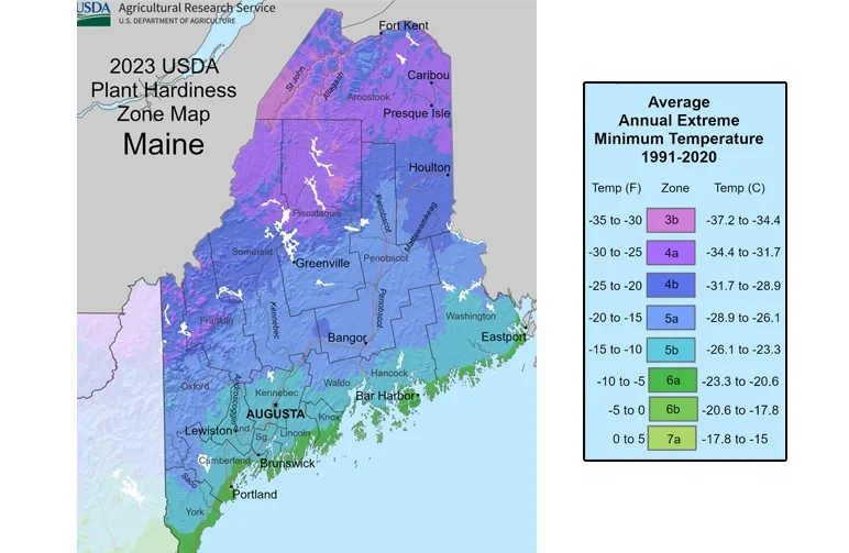 2023 USDA Plant Hardiness Zone Map for Maine showing climate zones from 3b in the north to 7a on the coast to help cannabis growers determine frost dates.