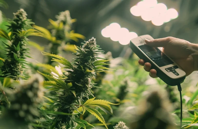 A grower's hand holding a PAR meter sensor at canopy height among flowering cannabis plants to measure light intensity.