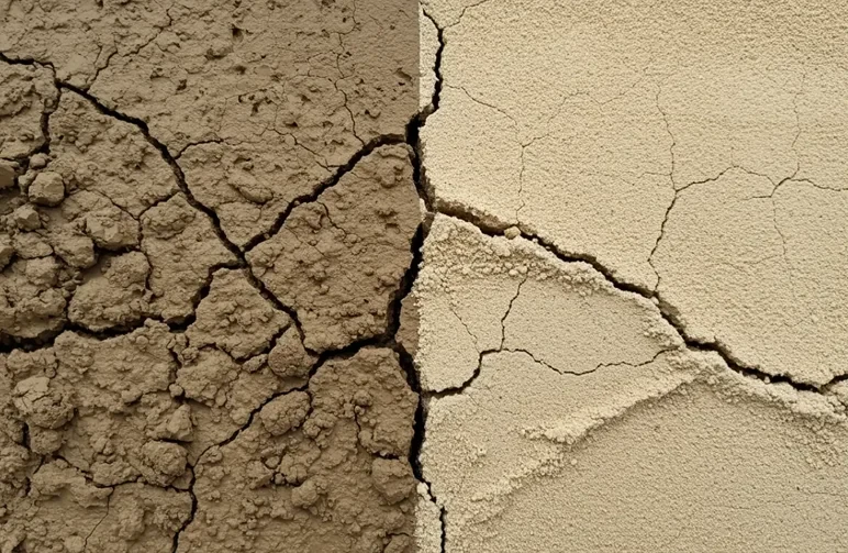 A side-by-side comparison of soil textures: the left side shows dark, chunky, cracked clay soil, and the right side shows light-colored, fine-grained sandy soil.