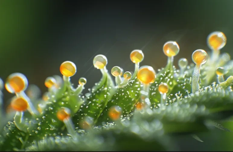 Een extreme macro-microscoopweergave van cannabis harsklieren, met overwegend troebel witte koppen en enkele amberkleurige, wat duidt op piekrijpheid.