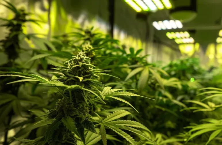 Een schone en geordende indoor kweekruimte voor cannabis met weelderig groene bloeiende planten onder heldere full-spectrum LED-kweeklampen en reflecterende wanden.