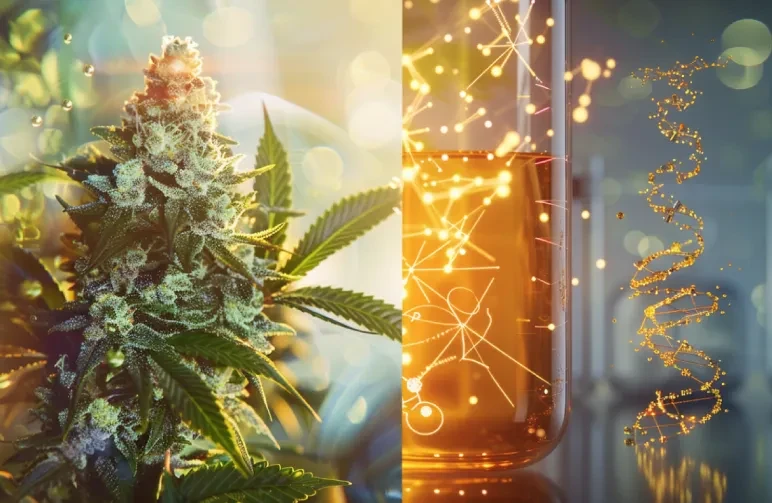 A split-composition artistic rendering showing a lush, green cannabis plant on the left merging into a high-tech, pharmaceutical glass vial with glowing golden liquid and molecular structures on the right, symbolizing the transition from raw herbalism to modern standardized medicine.