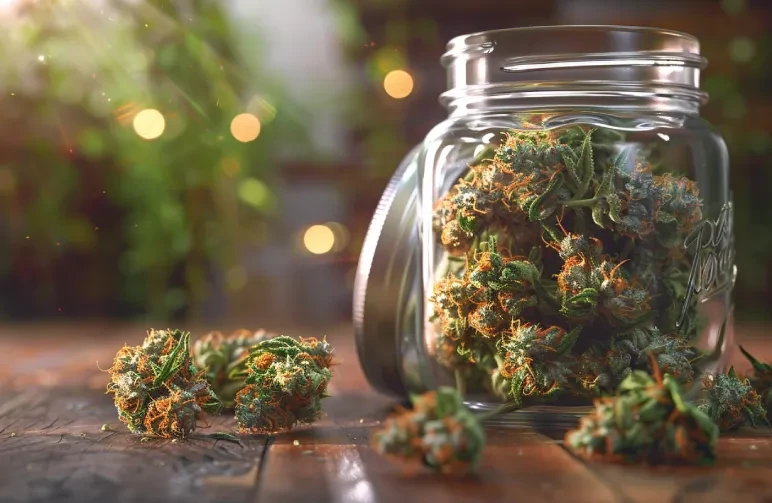 A glass mason jar filled with cured cannabis sitting open on a table to let air exchange, with highly resinous buds spilling out, representing the burping process.